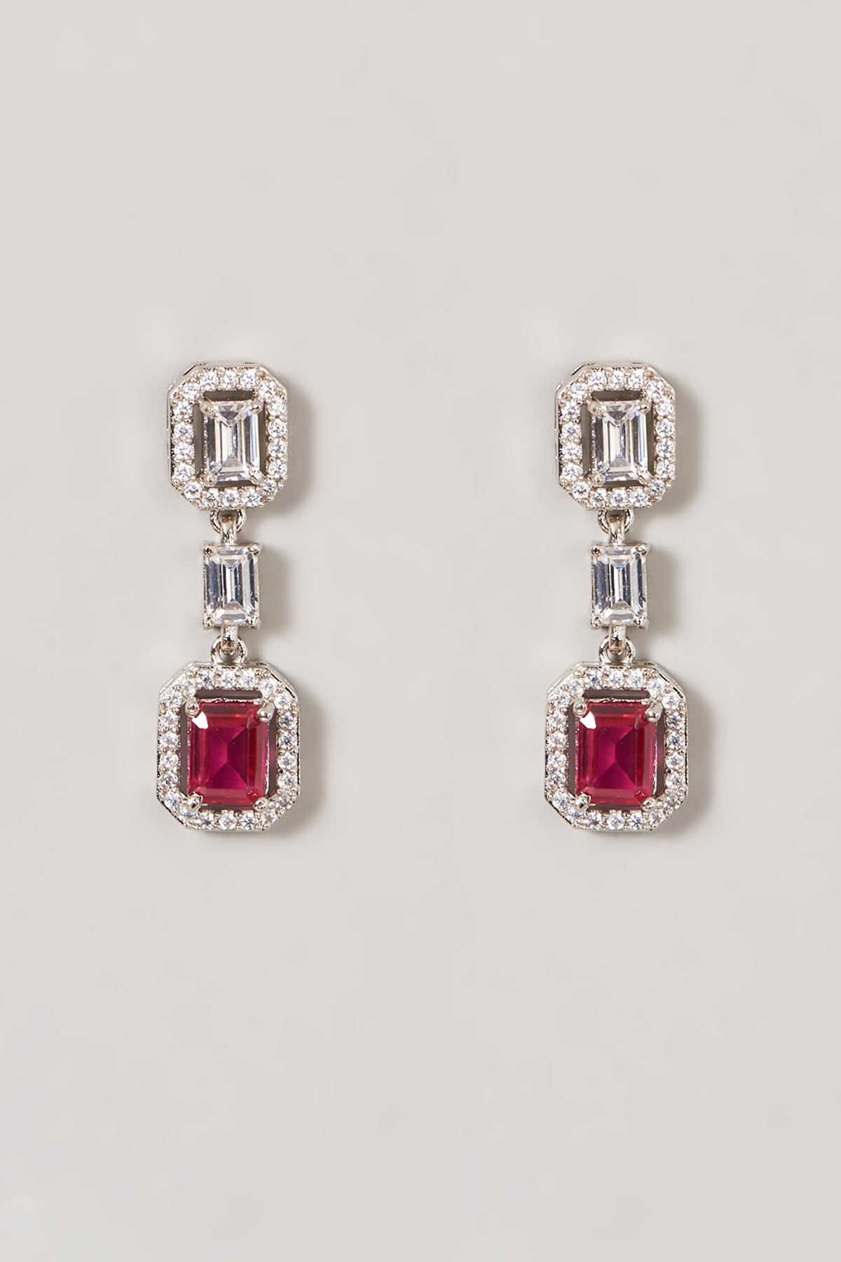 White Finish Zircon & Red Stone Dangler Earrings