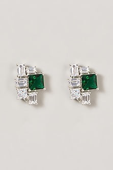 White Finish Zircon & Green Stone Stud Earrings