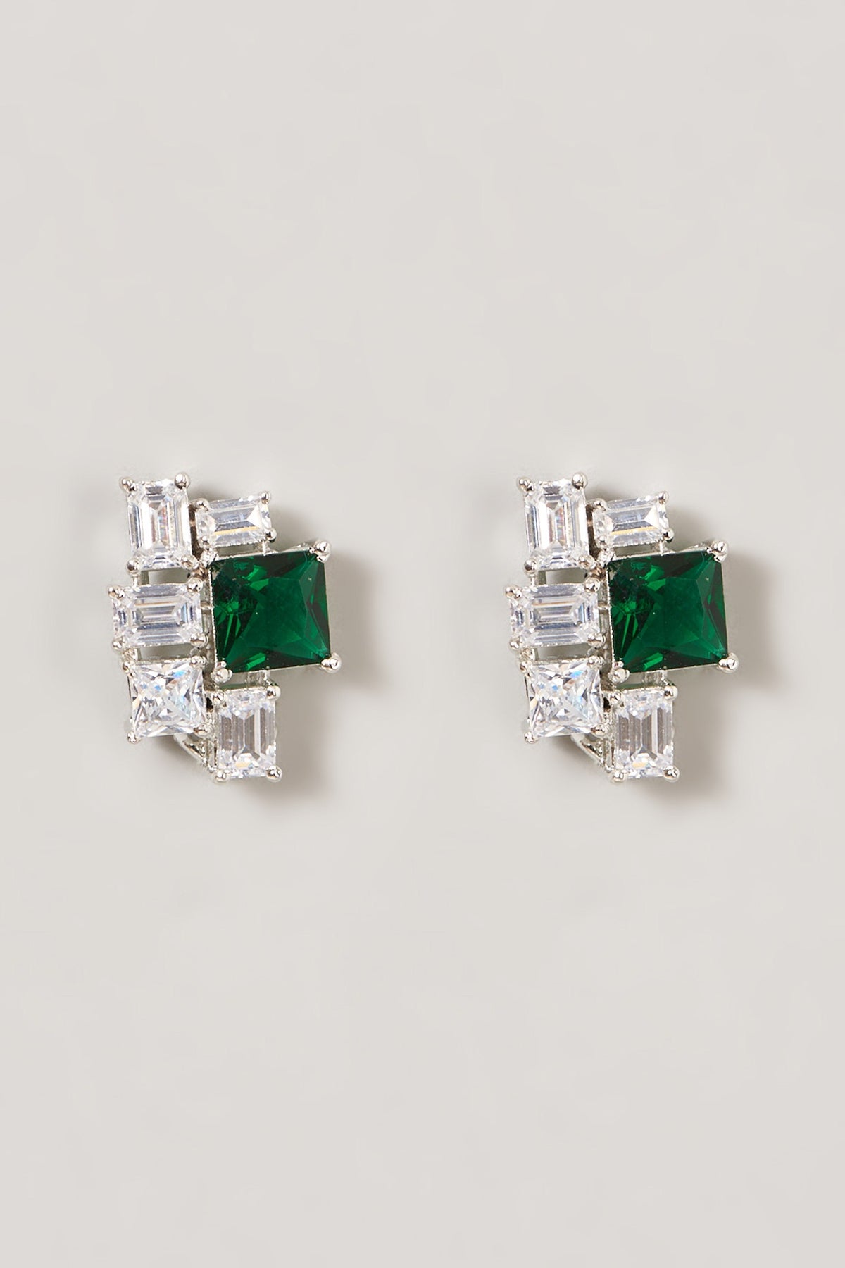 White Finish Zircon & Green Stone Stud Earrings