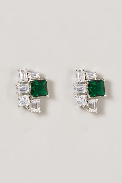 White Finish Zircon & Green Stone Stud Earrings