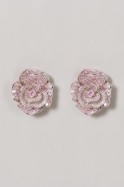 White Finish Pink Zircon Stud Earrings