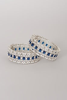 White Finish Blue Synthetic Stone Bangles (Set of 2)