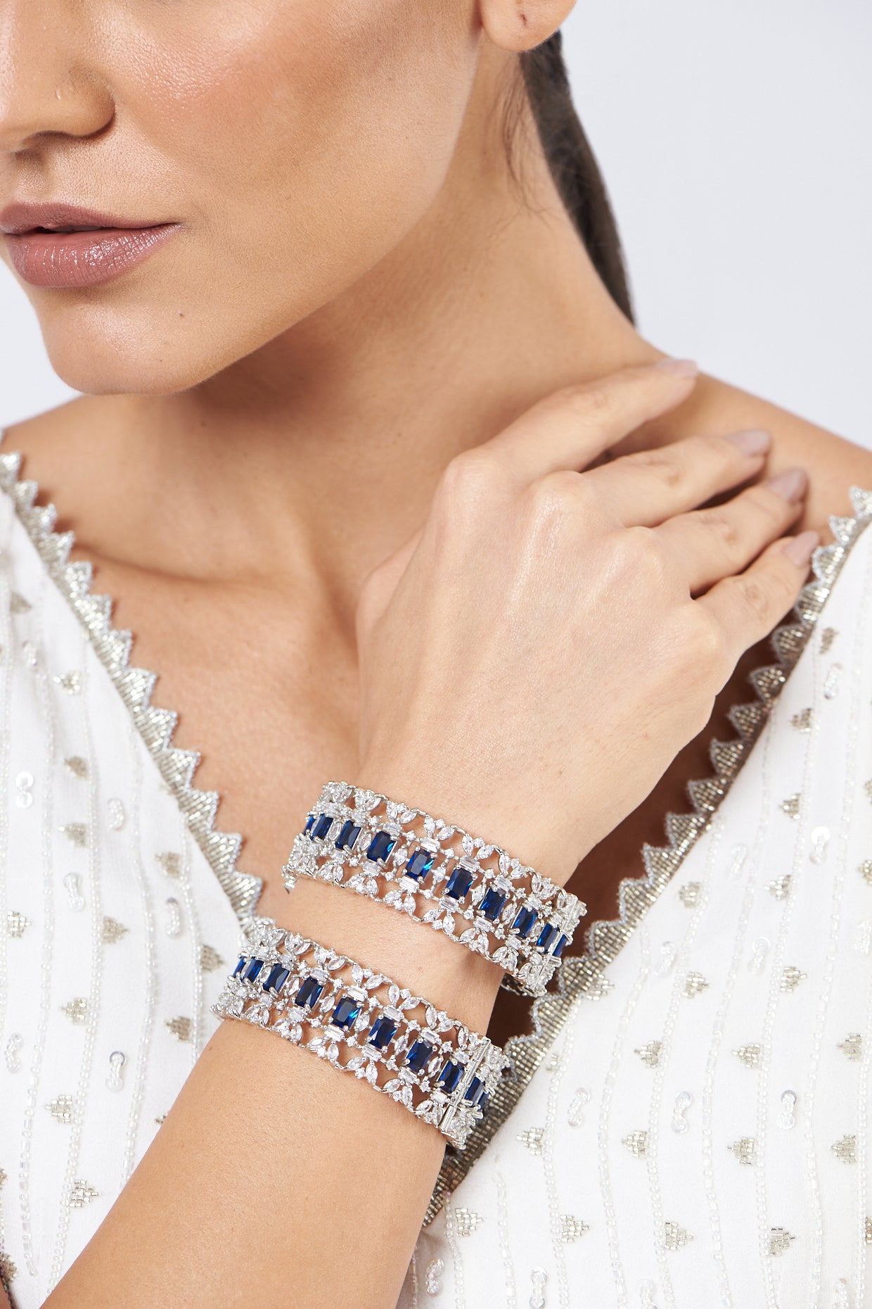 White Finish Blue Synthetic Stone Bangles (Set of 2)