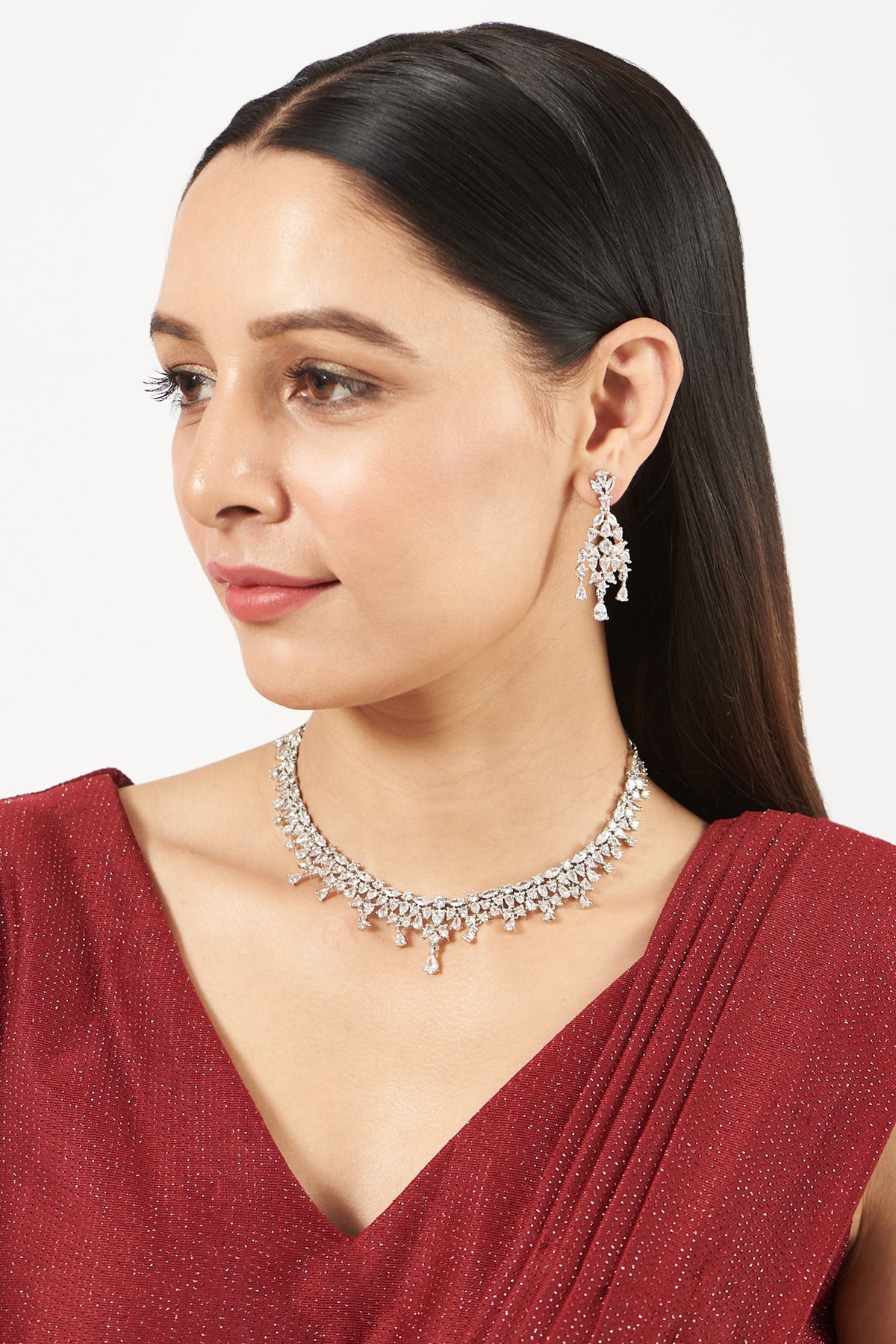 White Finish Necklace Set With Zircons