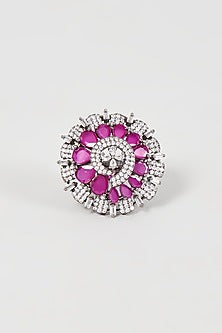 Black Rhodium Finish Faux Diamond & Red Stone Ring