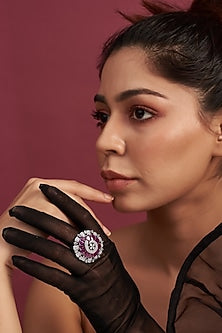 Black Rhodium Finish Faux Diamond & Red Stone Ring