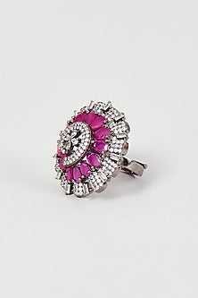 Black Rhodium Finish Faux Diamond & Red Stone Ring