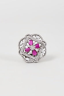 Black Rhodium Finish Faux Diamond & Pink Stone Ring