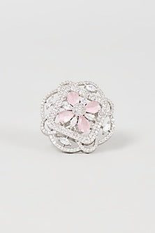 White Finish Faux Diamond & Pink Stone Ring