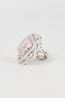 White Finish Faux Diamond & Pink Stone Ring