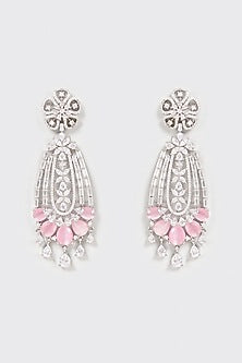 White Finish Faux Diamond & Pink Stone Dangler Earrings