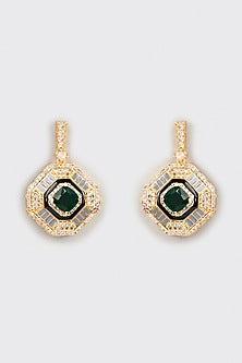Gold Finish Faux Diamond & Green Stone Dangler Earrings