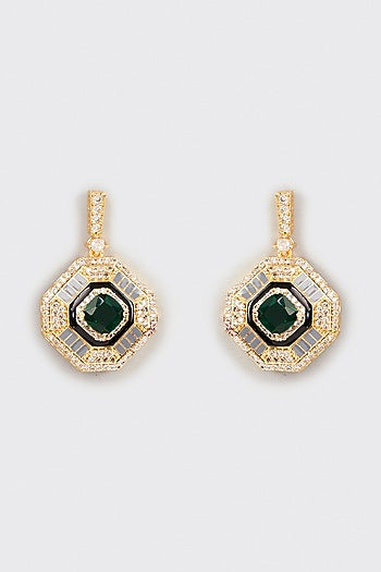 Gold Finish Faux Diamond & Green Stone Dangler Earrings