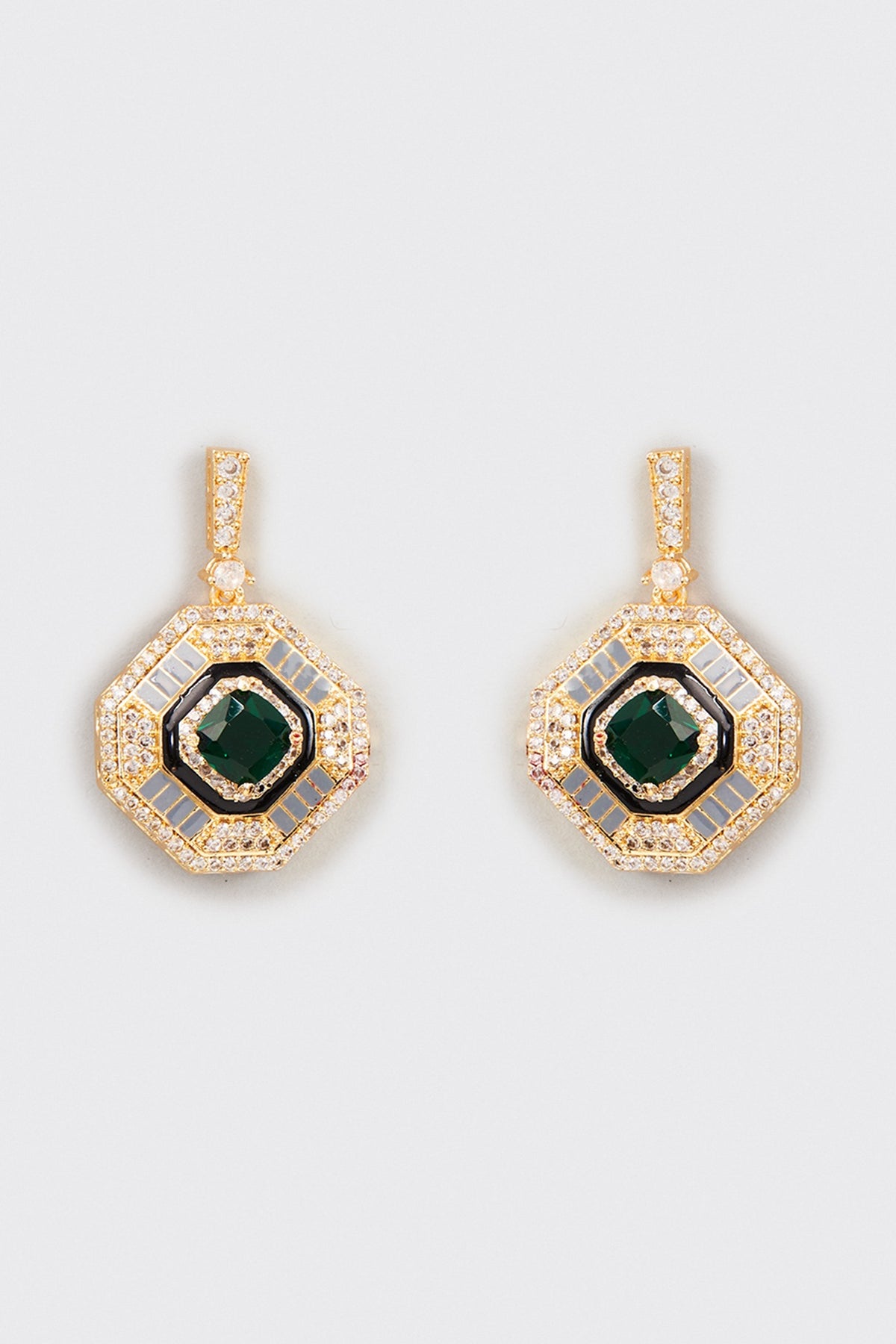 Gold Finish Faux Diamond & Green Stone Dangler Earrings