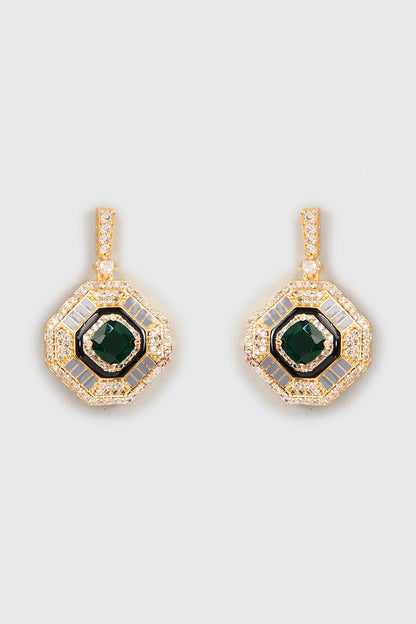 Gold Finish Faux Diamond & Green Stone Dangler Earrings