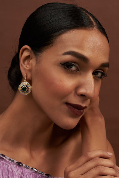 Gold Finish Faux Diamond & Green Stone Dangler Earrings