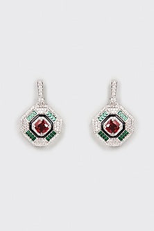 White Finish Faux Diamond & Red Stone Dangler Earrings