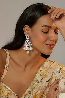 White Finish Zircon & Green Stone Dangler Earrings
