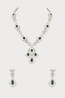 White Finish Faux Diamond & Emerald Long Necklace Set