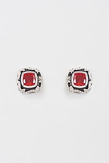 Black Rhodium Finish Faux Diamond & Ruby Stud Earrings