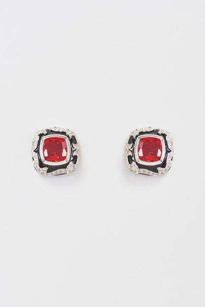 Black Rhodium Finish Faux Diamond & Ruby Stud Earrings