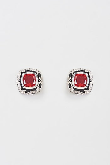 Black Rhodium Finish Faux Diamond & Ruby Stud Earrings