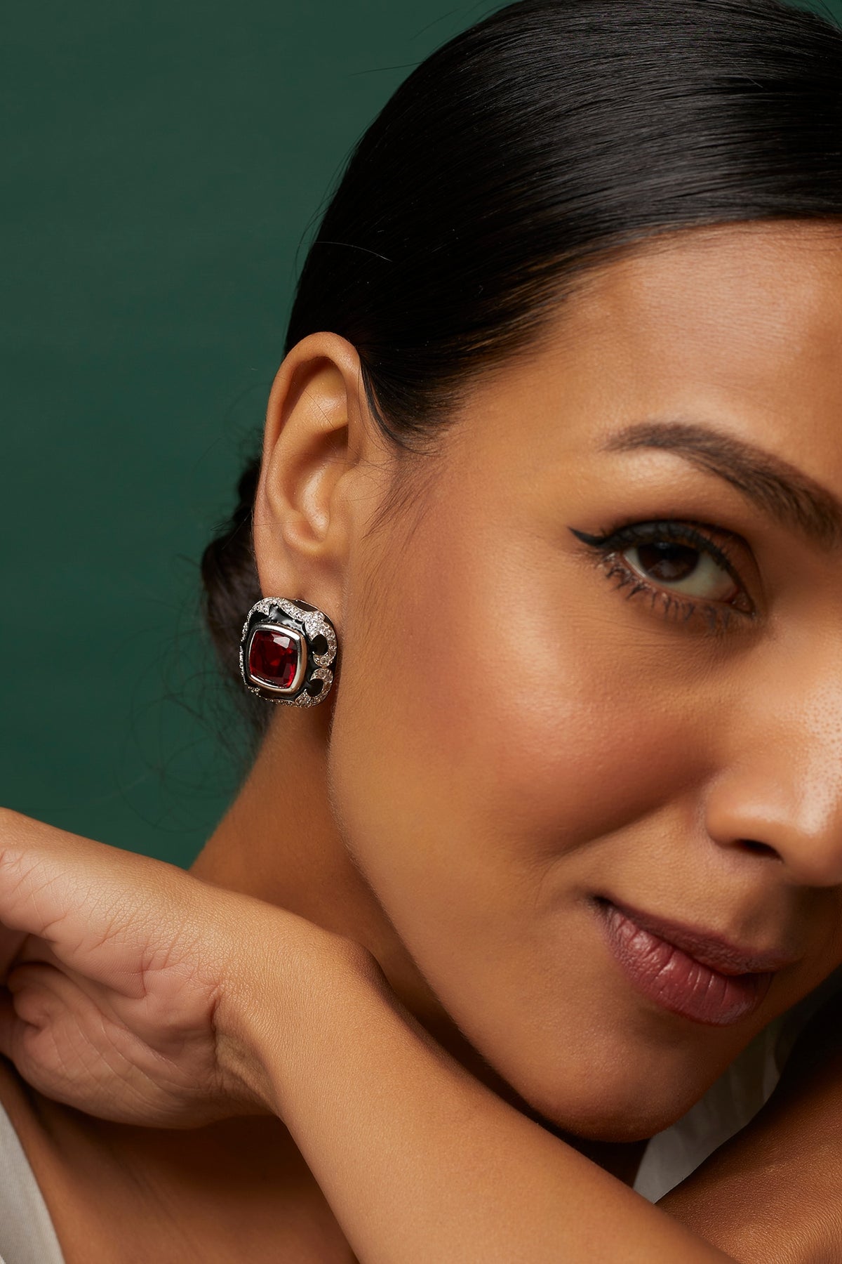 Black Rhodium Finish Faux Diamond & Ruby Stud Earrings