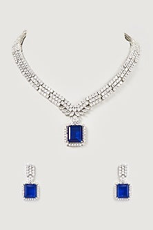 White Finish Faux Diamond & Sapphire Necklace Set