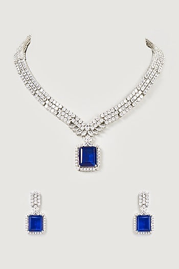 White Finish Faux Diamond & Sapphire Necklace Set
