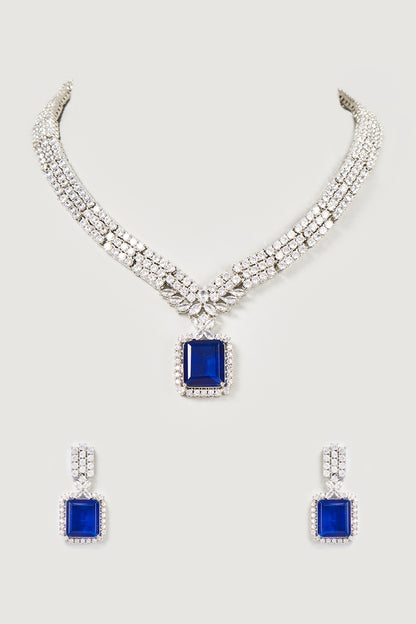 White Finish Faux Diamond & Sapphire Necklace Set