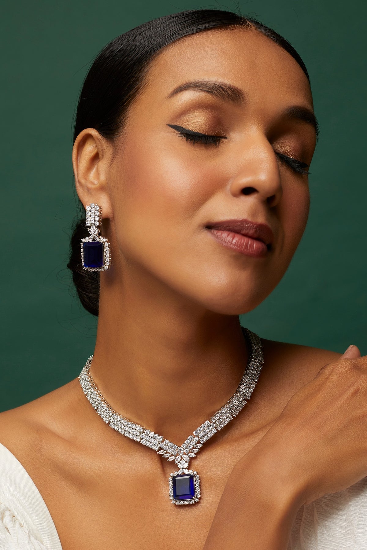White Finish Faux Diamond & Sapphire Necklace Set