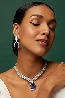 White Finish Faux Diamond & Sapphire Necklace Set