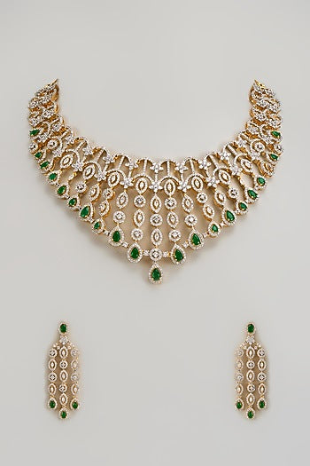 Gold Finish Zircon & Green Stone Necklace Set