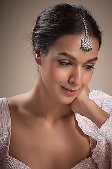 White Finish Zircon & Green Stone Maangtikka