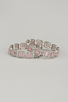 White Finish Zircon & Pink Stone Bangles (Set of 2)
