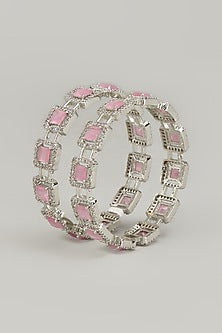 White Finish Zircon & Pink Stone Bangles (Set of 2)