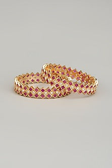 Gold Finish Zircon & Red Stone Bangles (Set of 2)