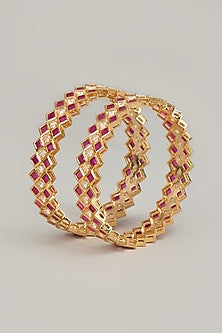 Gold Finish Zircon & Red Stone Bangles (Set of 2)