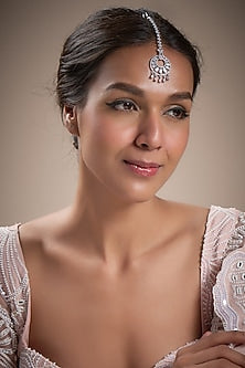 White Finish Zircon & Pink Stone Maangtikka