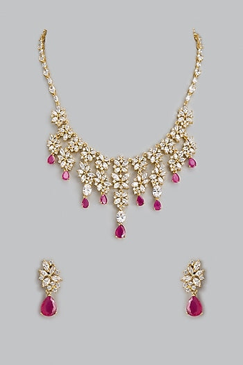 Gold Finish Zircon & Red Stone Necklace Set