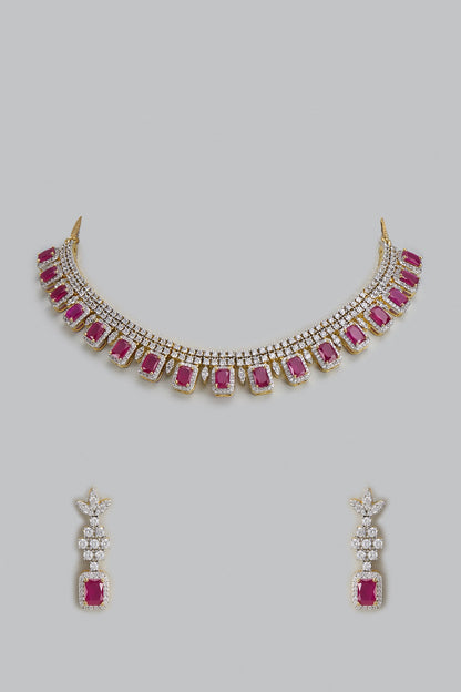 Gold Finish Zircon & Red Stone Necklace Set