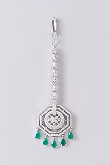 White Finish Zircon & Green Stone Maangtikka