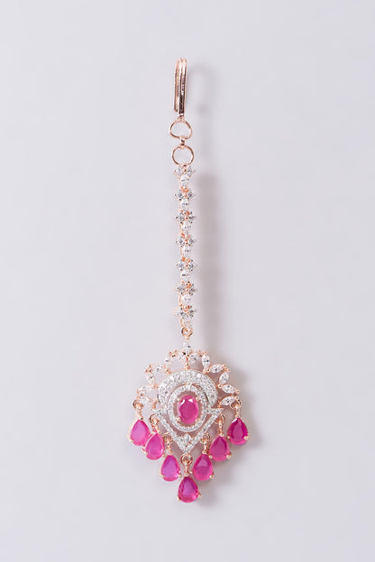 Rose Gold Finish Zircon & Red Stone Maangtikka