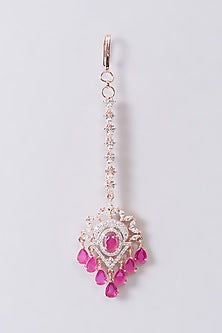 Rose Gold Finish Zircon & Red Stone Maangtikka