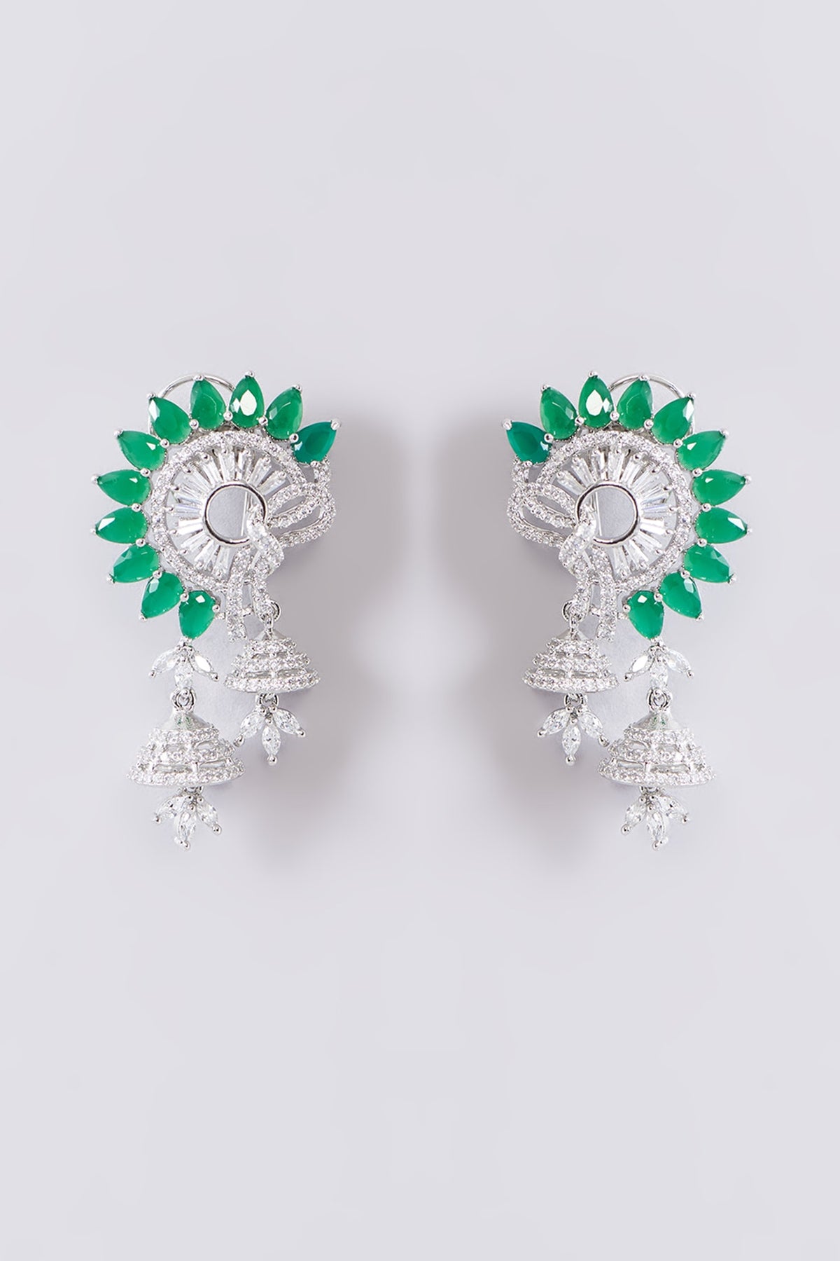 White Finish Zircon & Green Stone Dangler Earrings