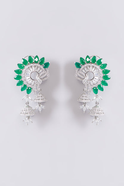 White Finish Zircon & Green Stone Dangler Earrings