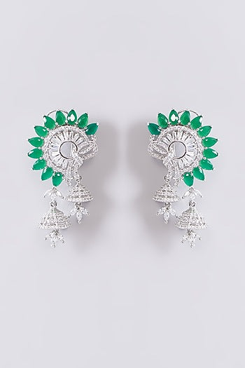 White Finish Zircon & Green Stone Dangler Earrings