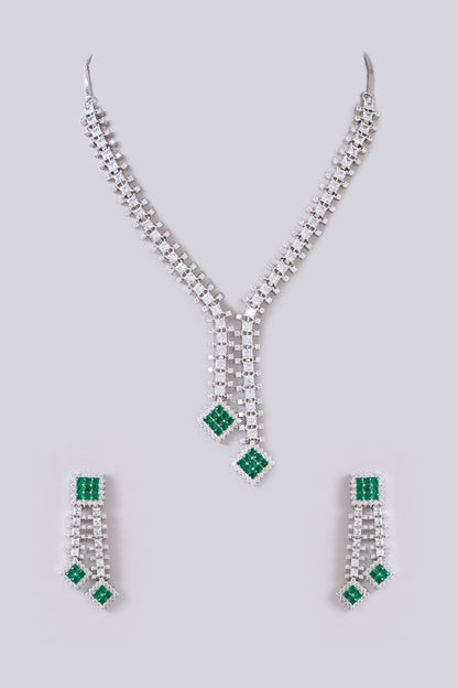 White Finish Zircon & Green Stone Necklace Set