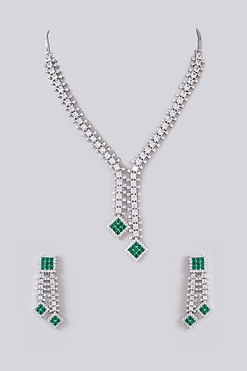 White Finish Zircon & Green Stone Necklace Set