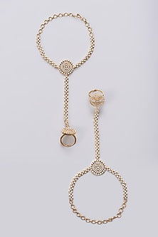 Gold Finish Zircon Hathphools (Set Of 2)